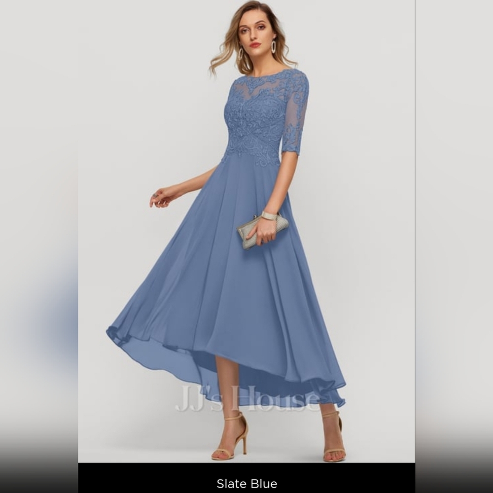 A-line Illusion Boat Neck Asymmetrical Chiffon Lace Mother of the Bride Dress